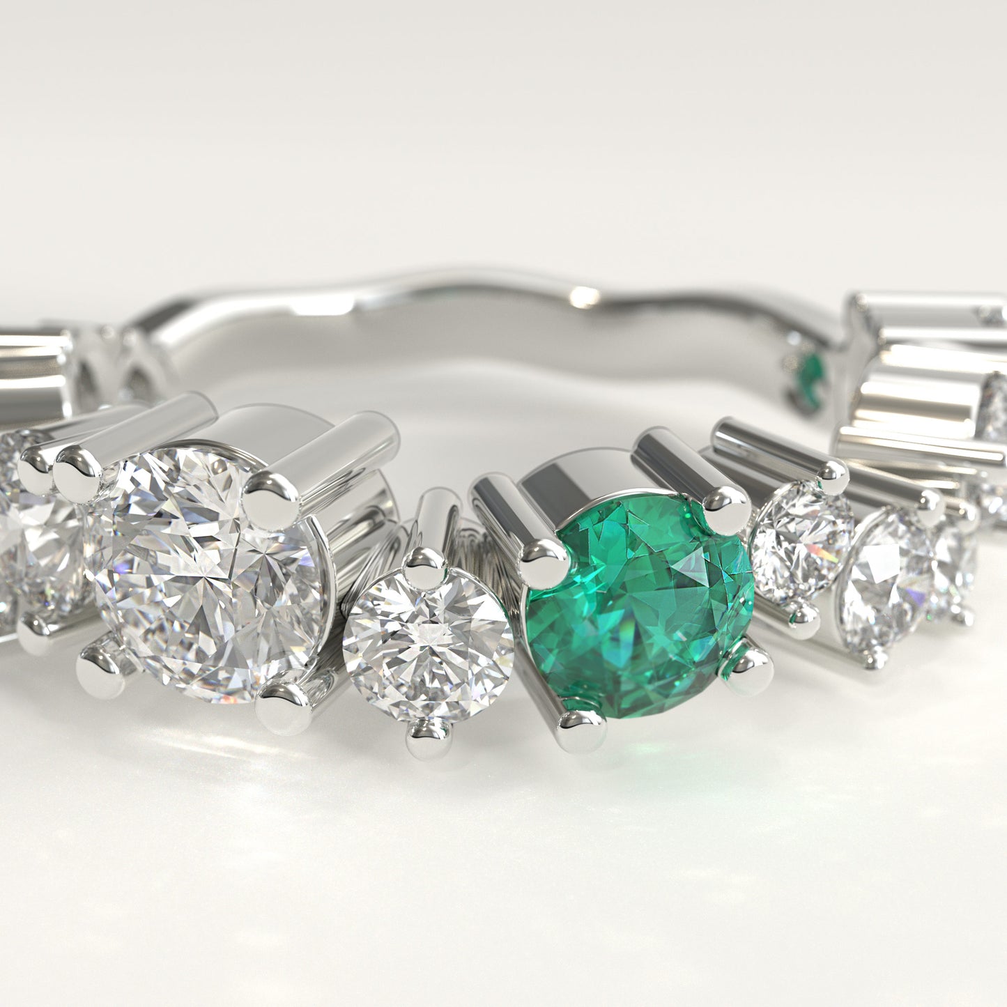Meridian Ring in 18k white gold — Colombian emerald and graduated round diamond band, 1Em Collection by GOHI zoom