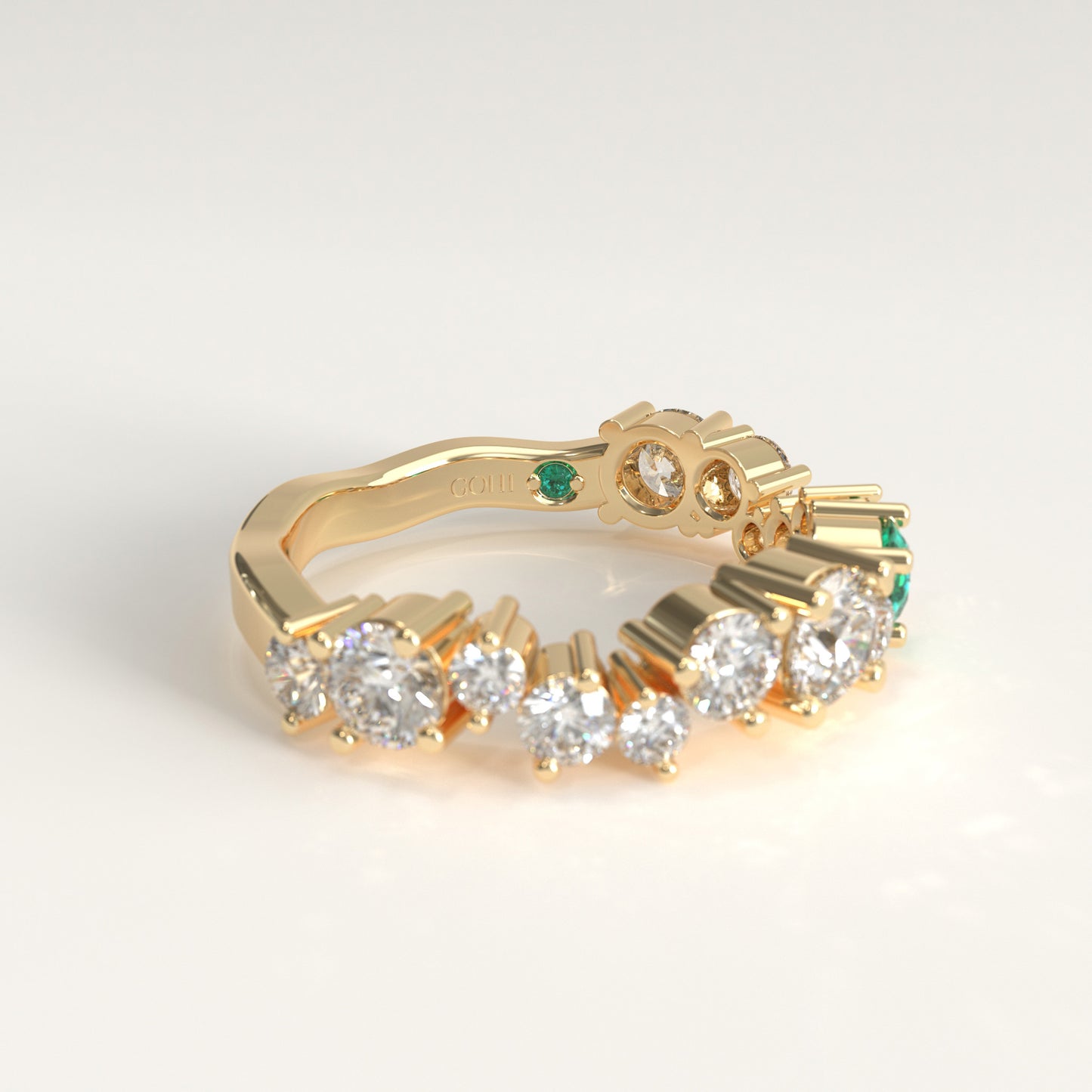 Meridian Ring in 18k yellow gold — Colombian emerald and graduated round diamond band, 1Em Collection by GOHI lateral