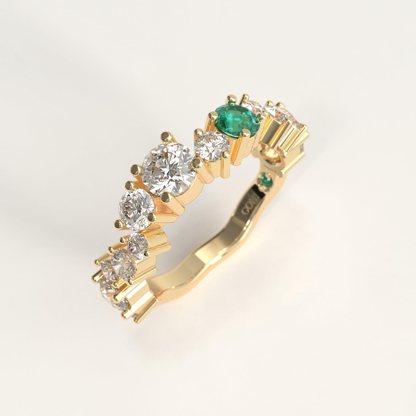 Meridian Ring in 18k yellow gold — Colombian emerald and graduated round diamond band, 1Em Collection by GOHI stand