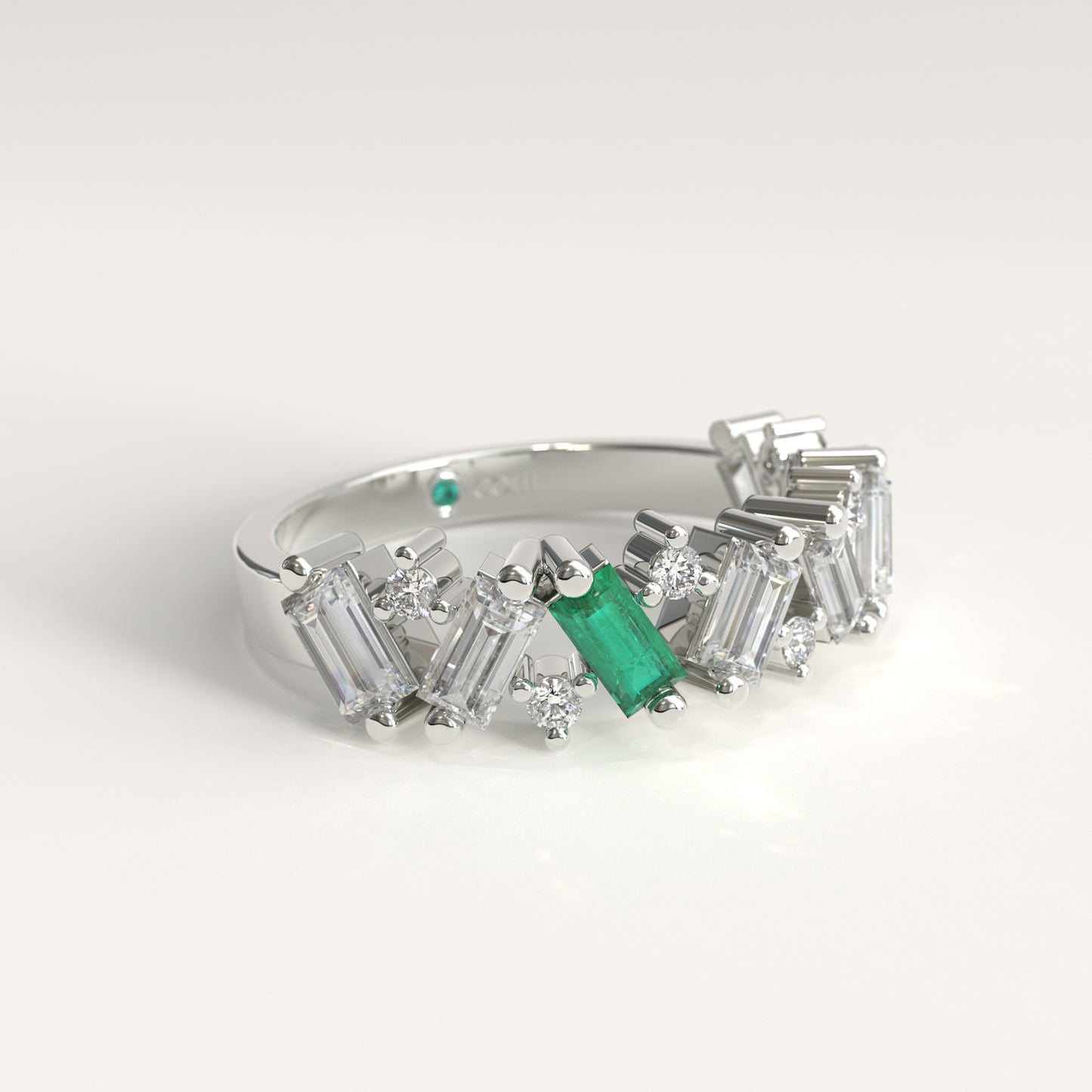Crest Ring in 18k white gold — Colombian emerald and baguette diamond chevron band, 1Em Collection by GOHI