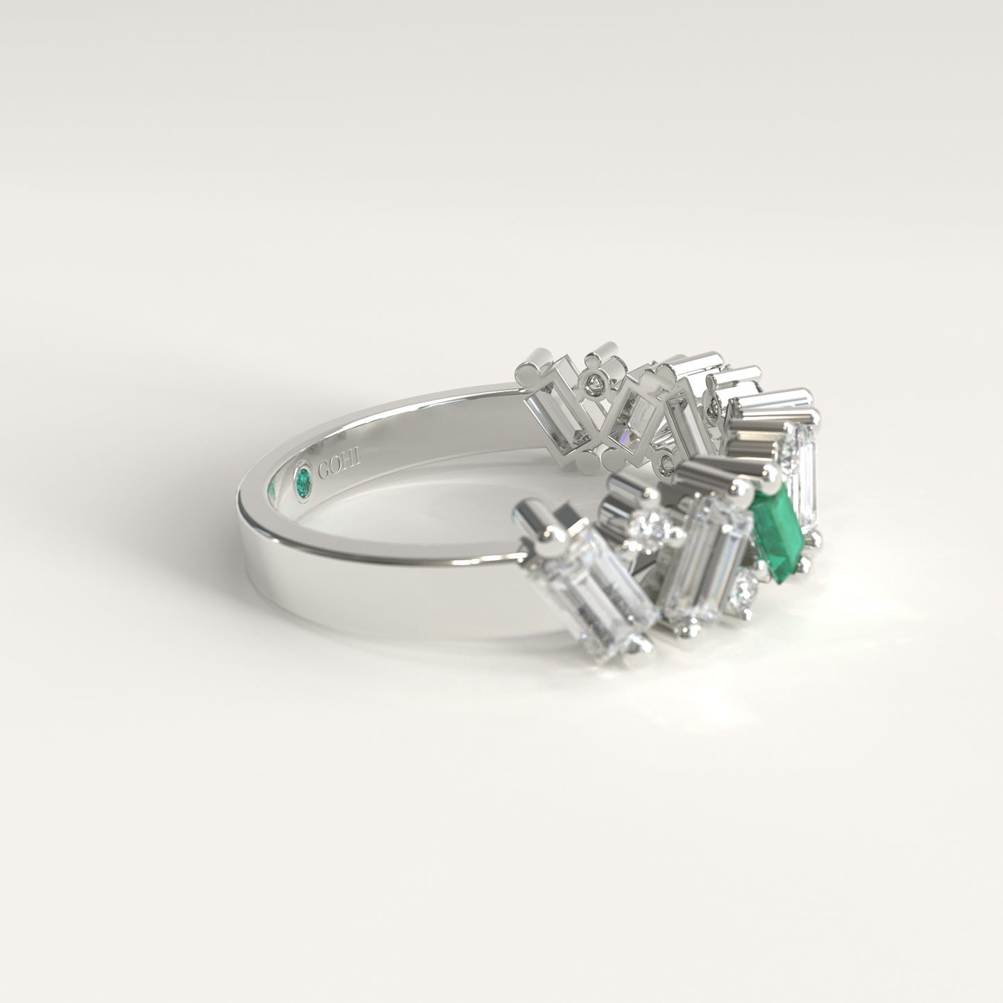Crest Ring in 18k white gold — Colombian emerald and baguette diamond chevron band, 1Em Collection by GOHI