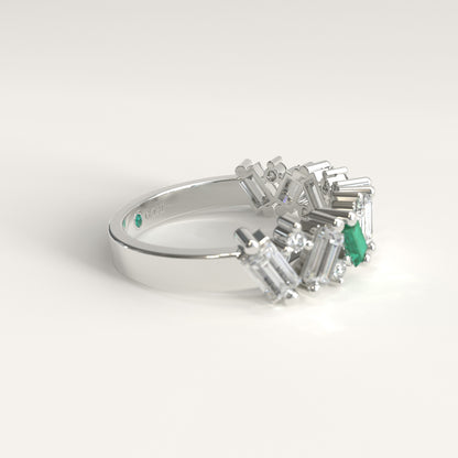 Crest Ring in 18k white gold — Colombian emerald and baguette diamond chevron band, 1Em Collection by GOHI