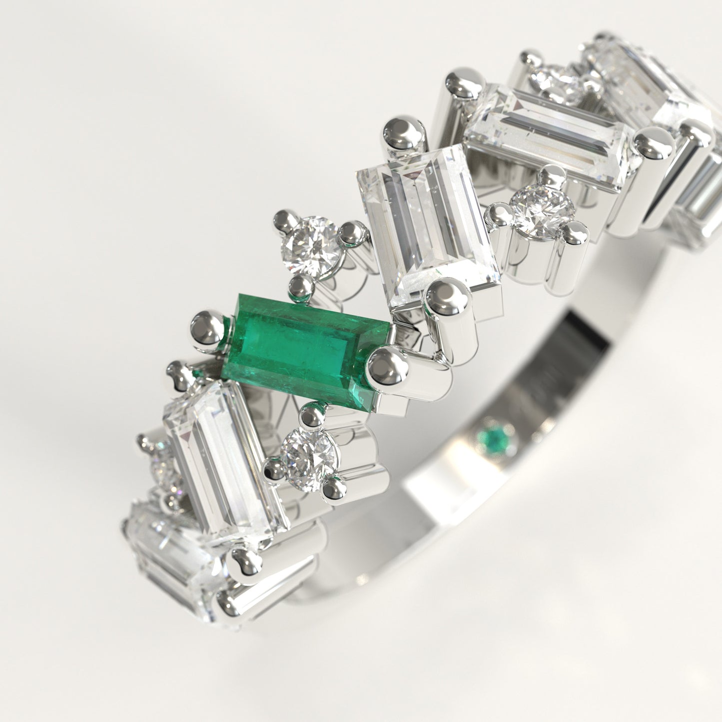 Crest Ring in 18k white gold — Colombian emerald and baguette diamond chevron band, 1Em Collection by GOHI