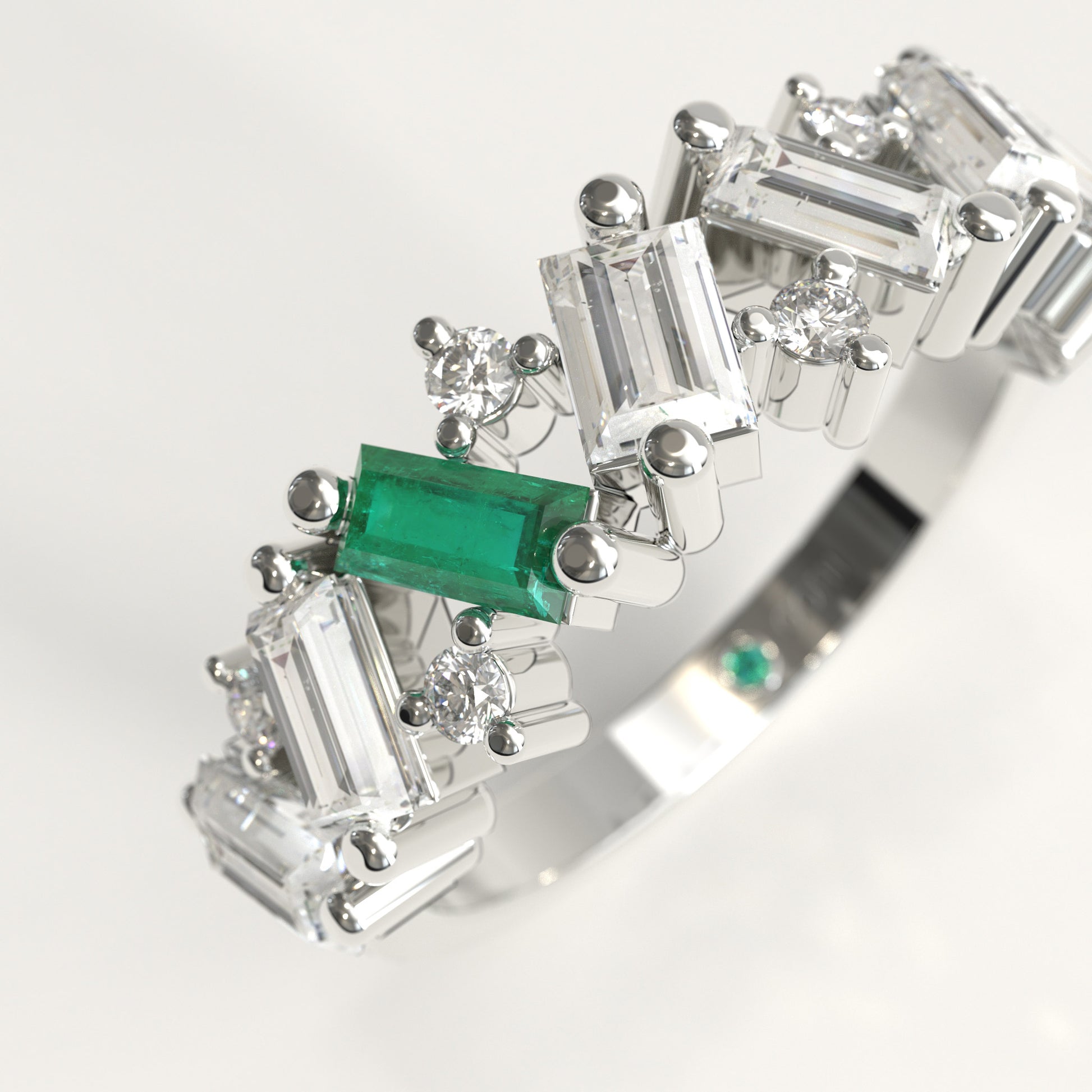 Crest Ring in 18k white gold — Colombian emerald and baguette diamond chevron band, 1Em Collection by GOHI