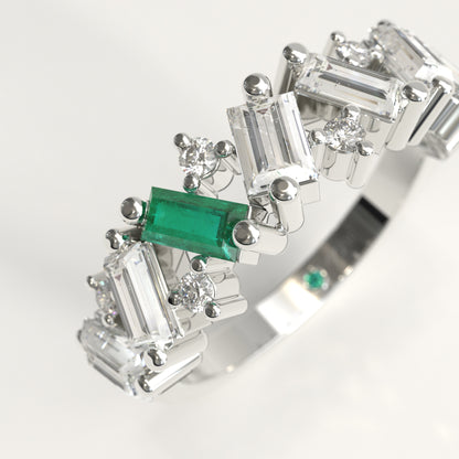 Crest Ring in 18k white gold — Colombian emerald and baguette diamond chevron band, 1Em Collection by GOHI