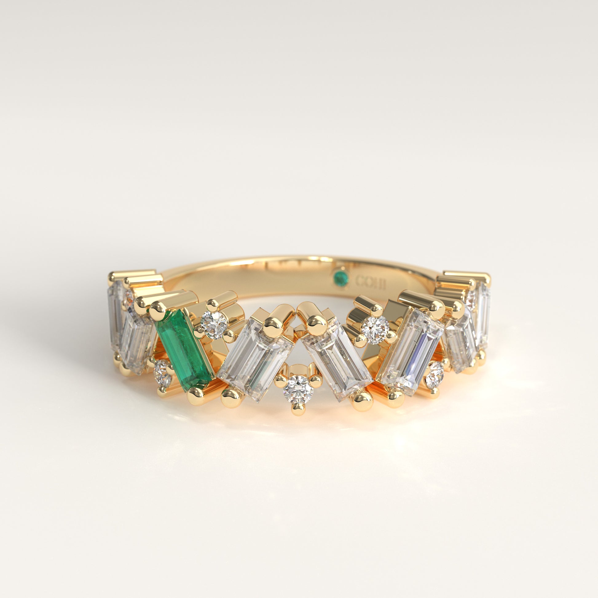 Crest Ring in 18k yellow gold — Colombian emerald and baguette diamond chevron band, 1Em Collection by GOHI