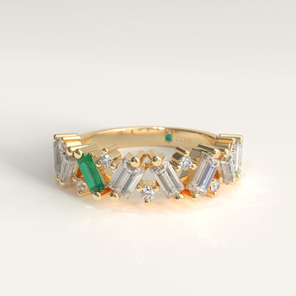 Crest Ring in 18k yellow gold — Colombian emerald and baguette diamond chevron band, 1Em Collection by GOHI