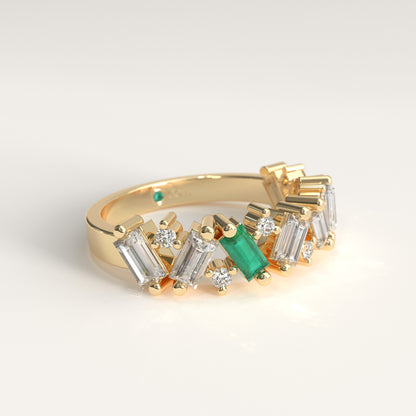 Crest Ring in 18k yellow gold — Colombian emerald and baguette diamond chevron band, 1Em Collection by GOHI