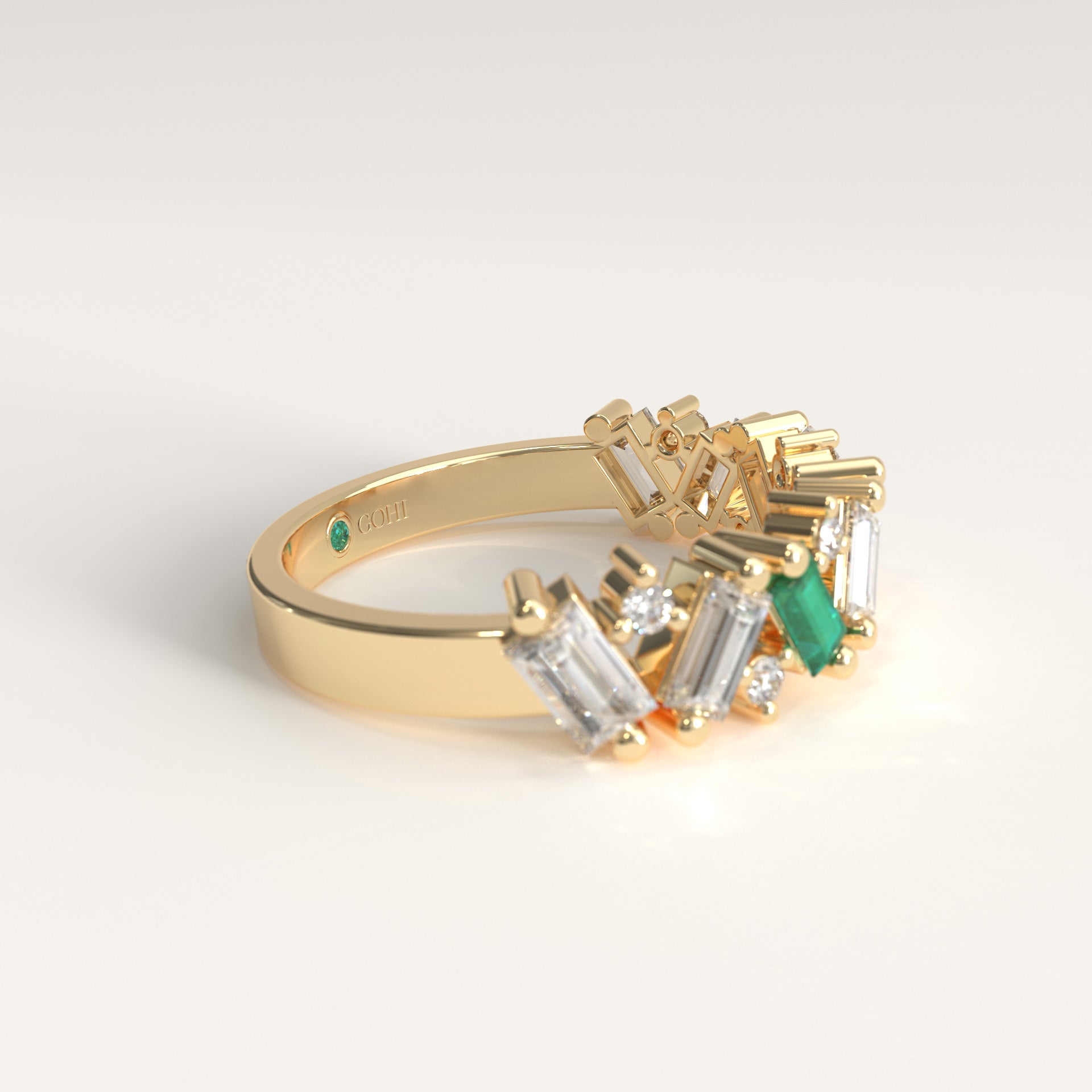 Crest Ring in 18k yellow gold — Colombian emerald and baguette diamond chevron band, 1Em Collection by GOHI