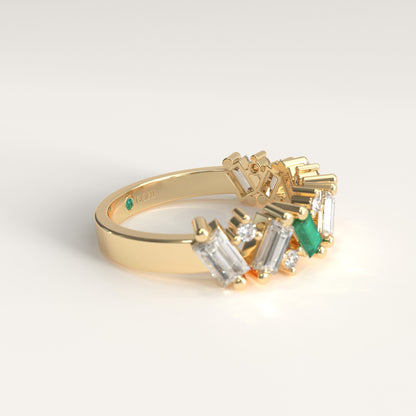 Crest Ring in 18k yellow gold — Colombian emerald and baguette diamond chevron band, 1Em Collection by GOHI