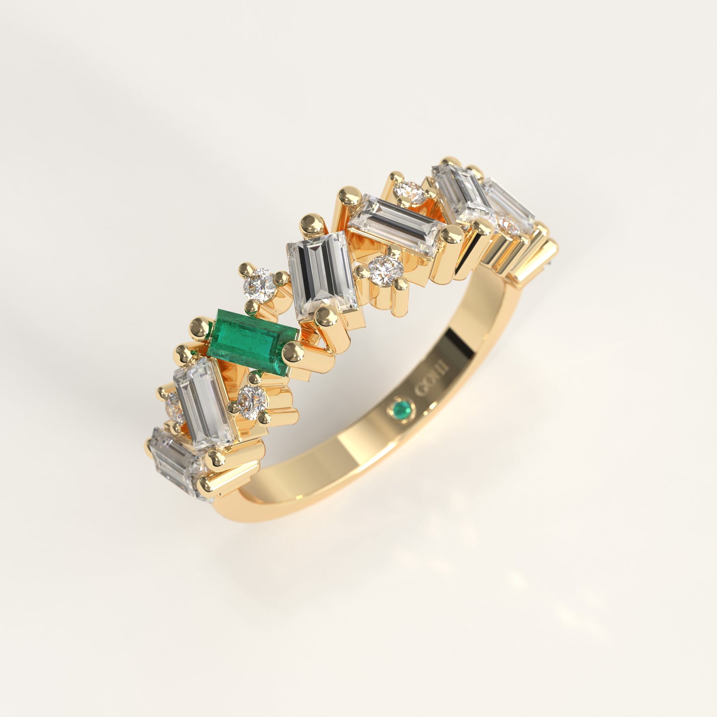 Crest Ring in 18k yellow gold — Colombian emerald and baguette diamond chevron band, 1Em Collection by GOHI