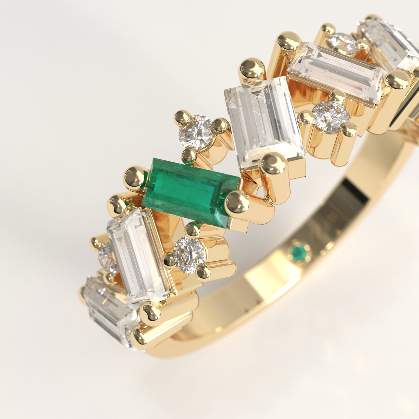 Crest Ring in 18k yellow gold — Colombian emerald and baguette diamond chevron band, 1Em Collection by GOHI