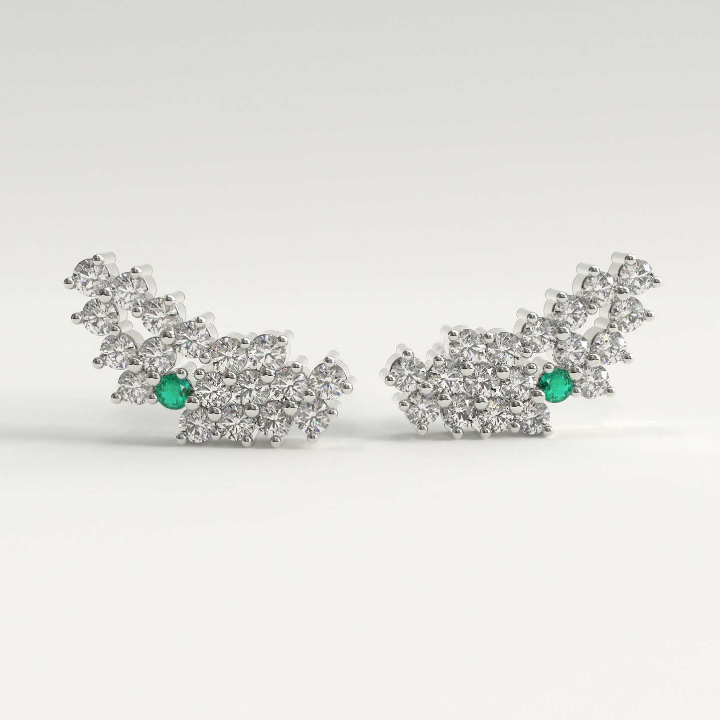 Rung Earrings in 18k white gold — Colombian emerald and round diamond cluster ear climbers, 1Em Collection by GOHI