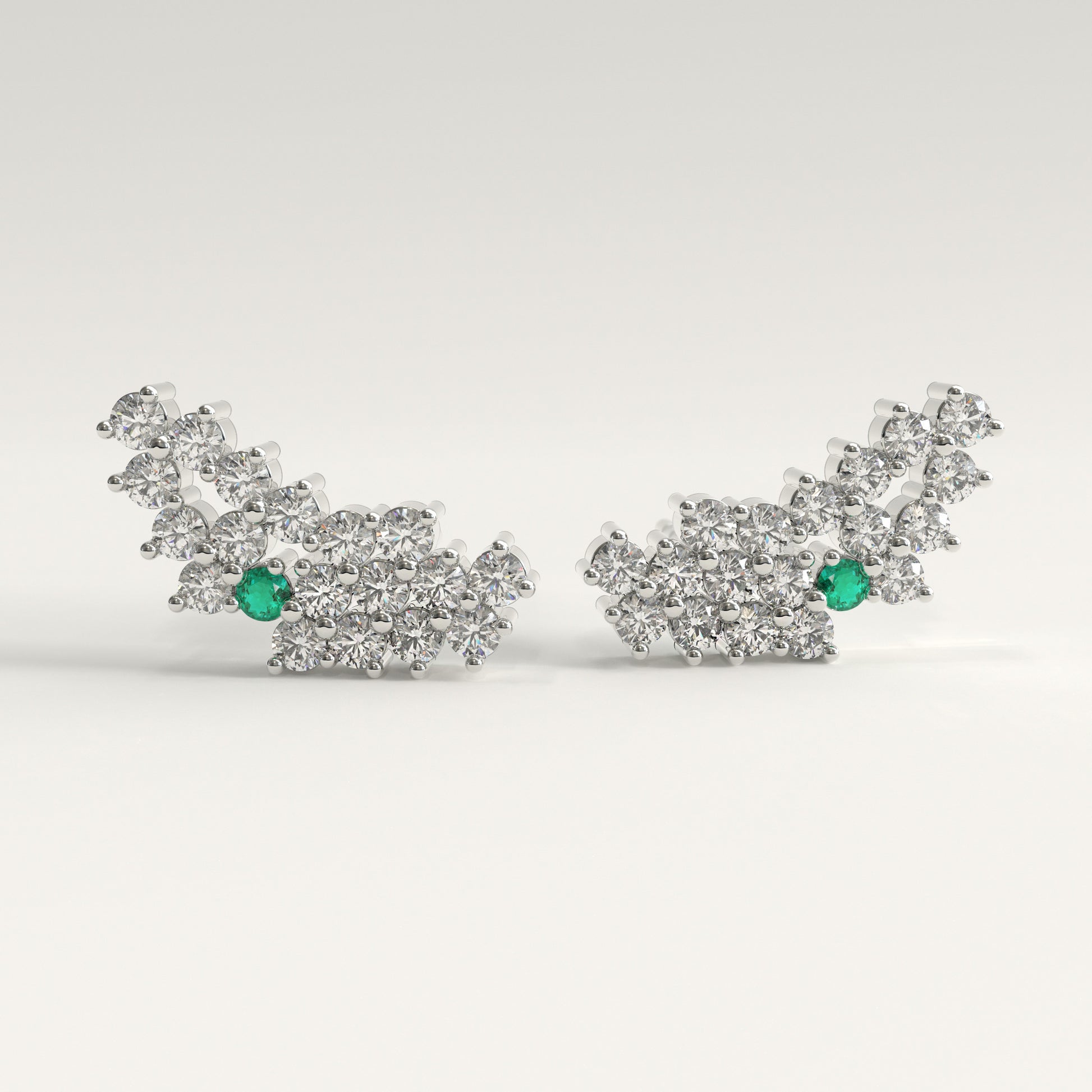 Rung Earrings in 18k white gold — Colombian emerald and round diamond cluster ear climbers, 1Em Collection by GOHI