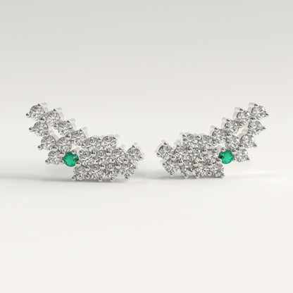 Rung Earrings in 18k white gold — Colombian emerald and round diamond cluster ear climbers, 1Em Collection by GOHI