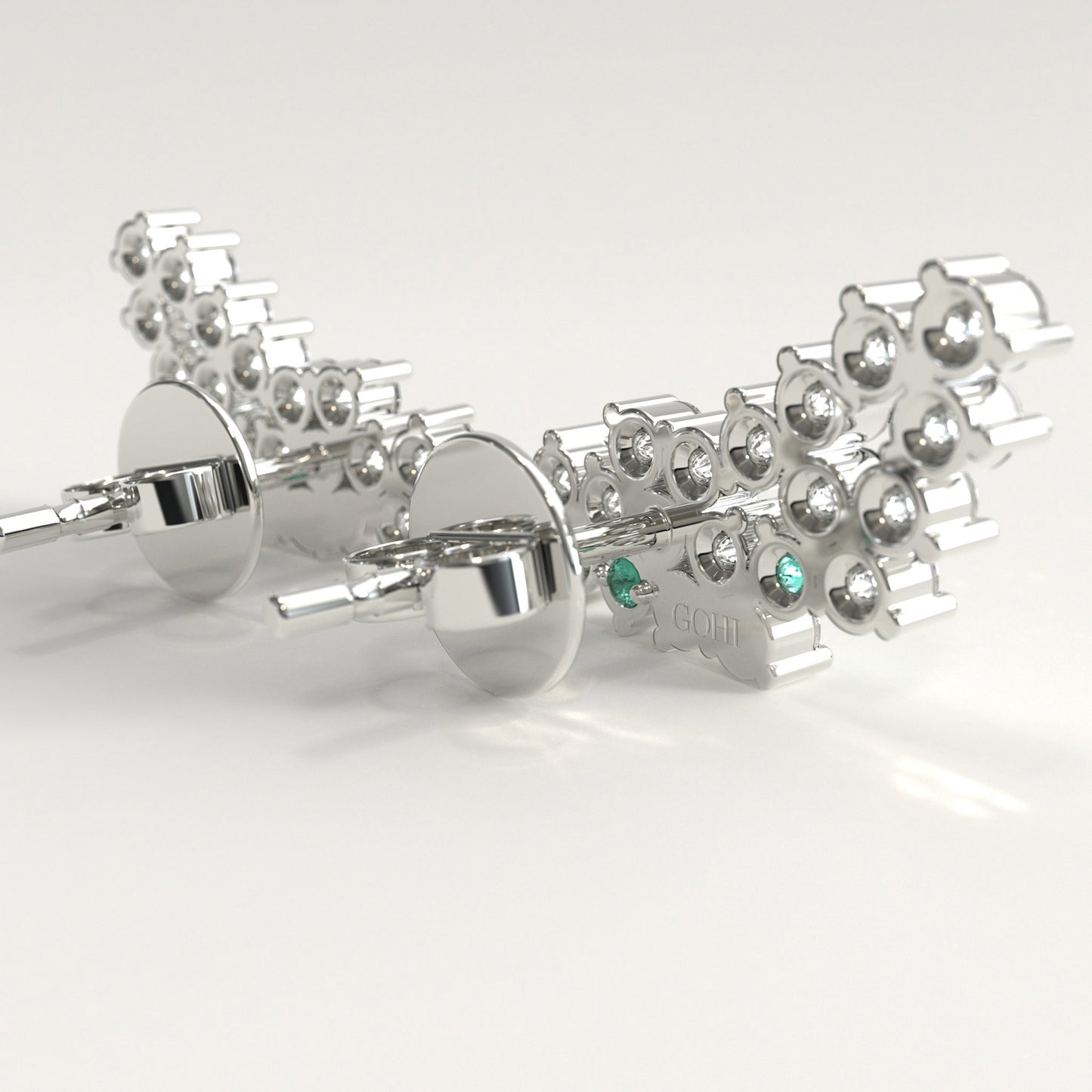 Rung Earrings in 18k white gold — Colombian emerald and round diamond cluster ear climbers, 1Em Collection by GOHI back