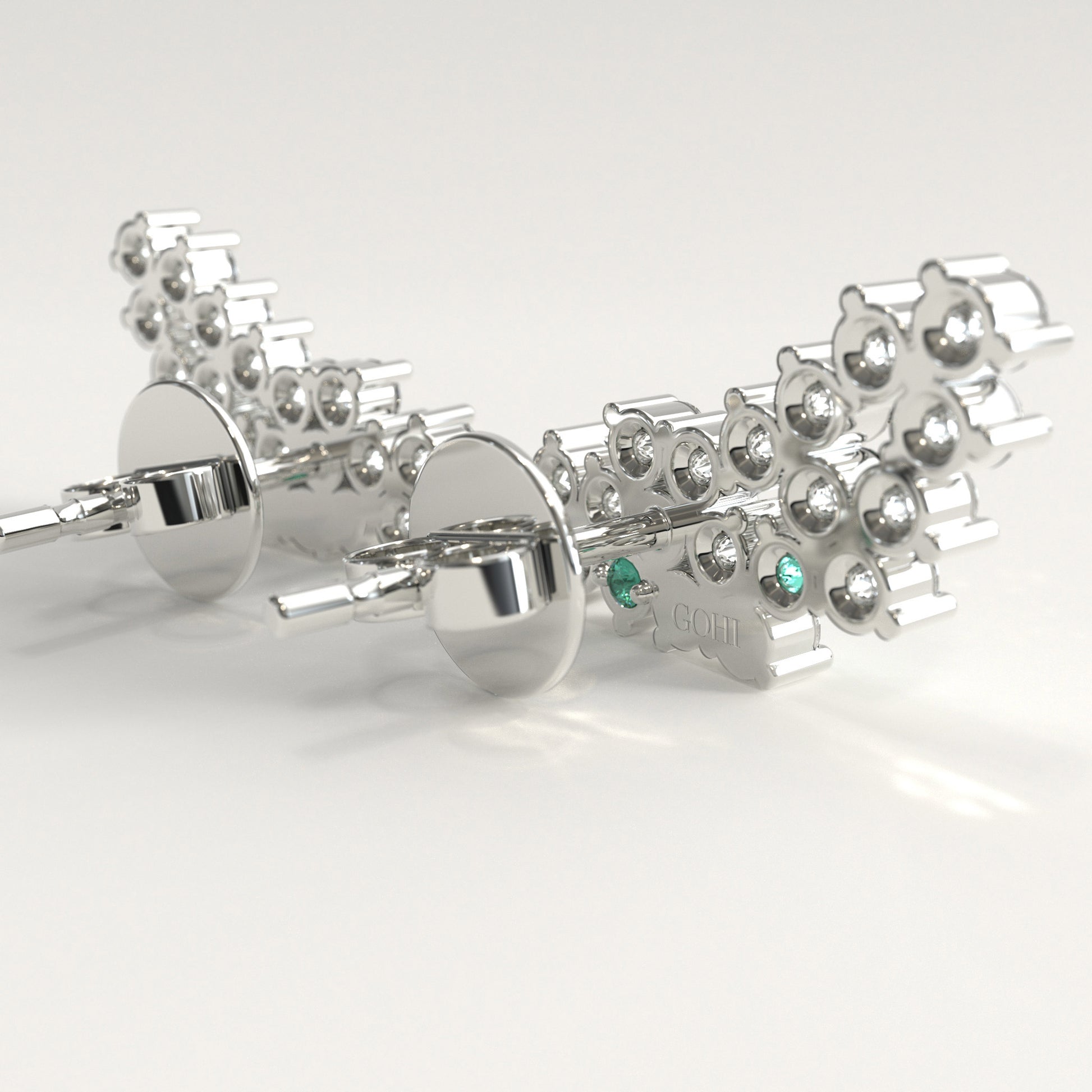 Rung Earrings in 18k white gold — Colombian emerald and round diamond cluster ear climbers, 1Em Collection by GOHI back