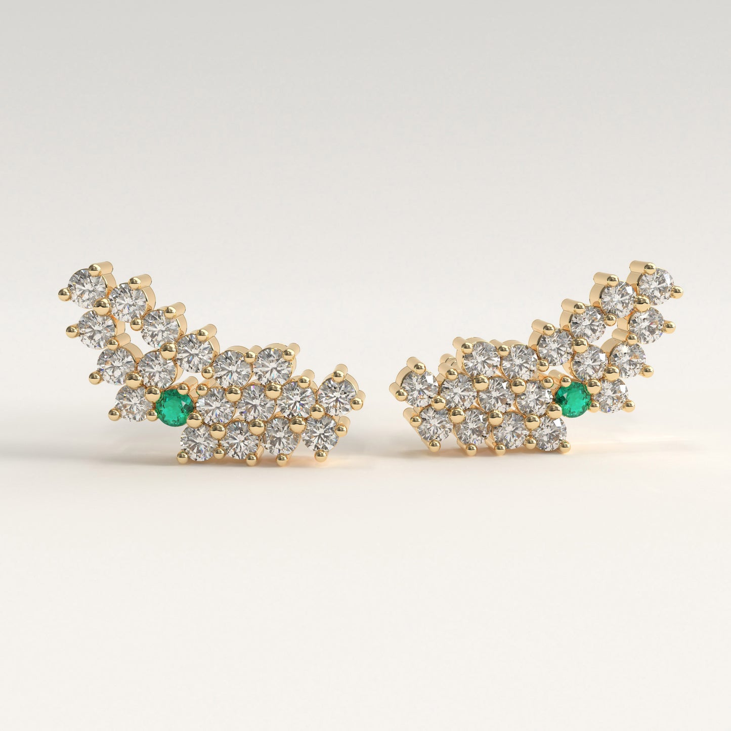 Rung Earrings in 18k yellow gold — Colombian emerald and round diamond cluster ear climbers, 1Em Collection by GOHI