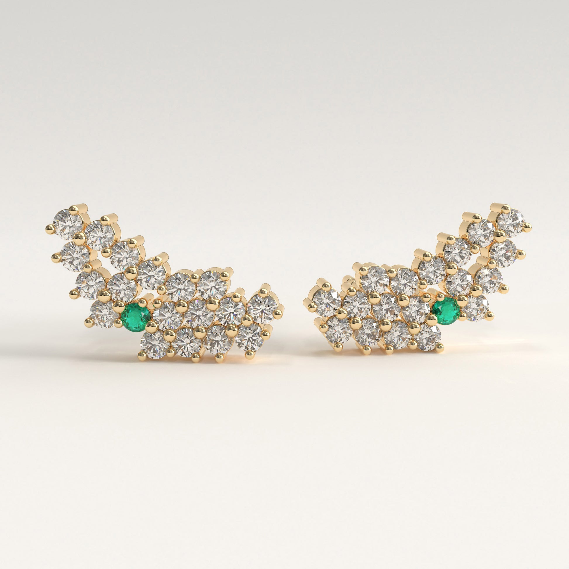Rung Earrings in 18k yellow gold — Colombian emerald and round diamond cluster ear climbers, 1Em Collection by GOHI