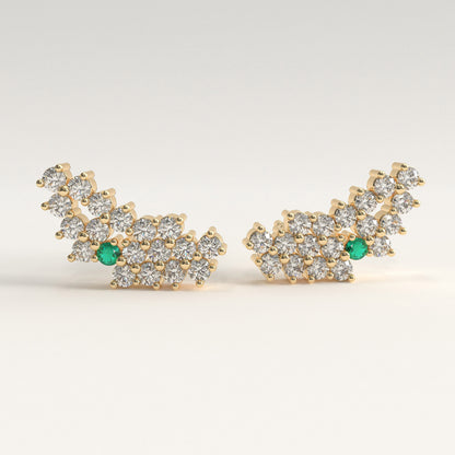 Rung Earrings in 18k yellow gold — Colombian emerald and round diamond cluster ear climbers, 1Em Collection by GOHI