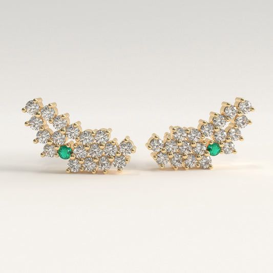 Rung Earrings in 18k yellow gold — Colombian emerald and round diamond cluster ear climbers, 1Em Collection by GOHI
