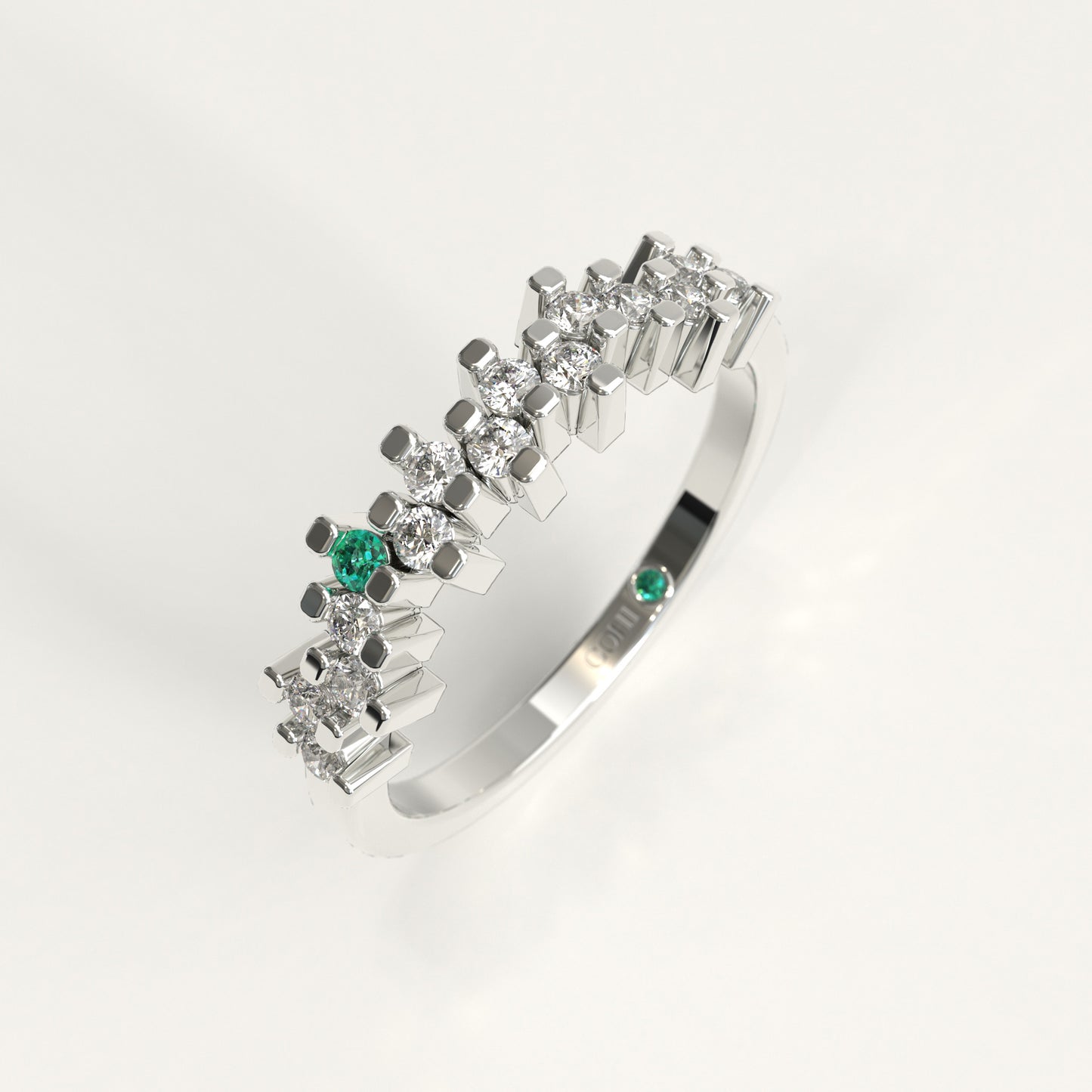 Rung Ring in 18k white gold — Colombian emerald and round diamond cluster band, 1Em Collection by GOHI stand