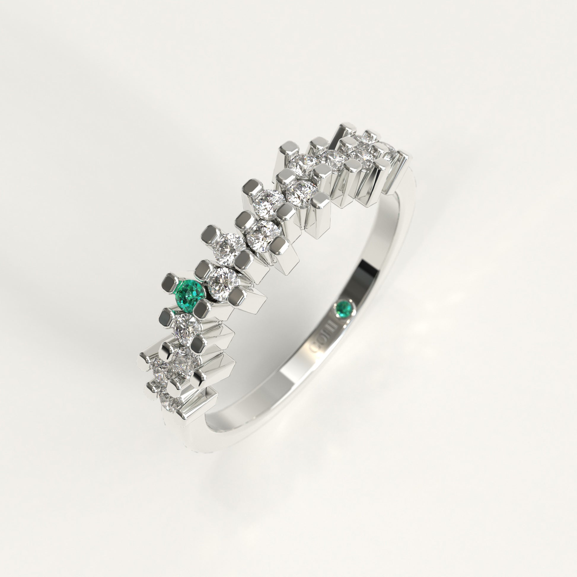 Rung Ring in 18k white gold — Colombian emerald and round diamond cluster band, 1Em Collection by GOHI stand