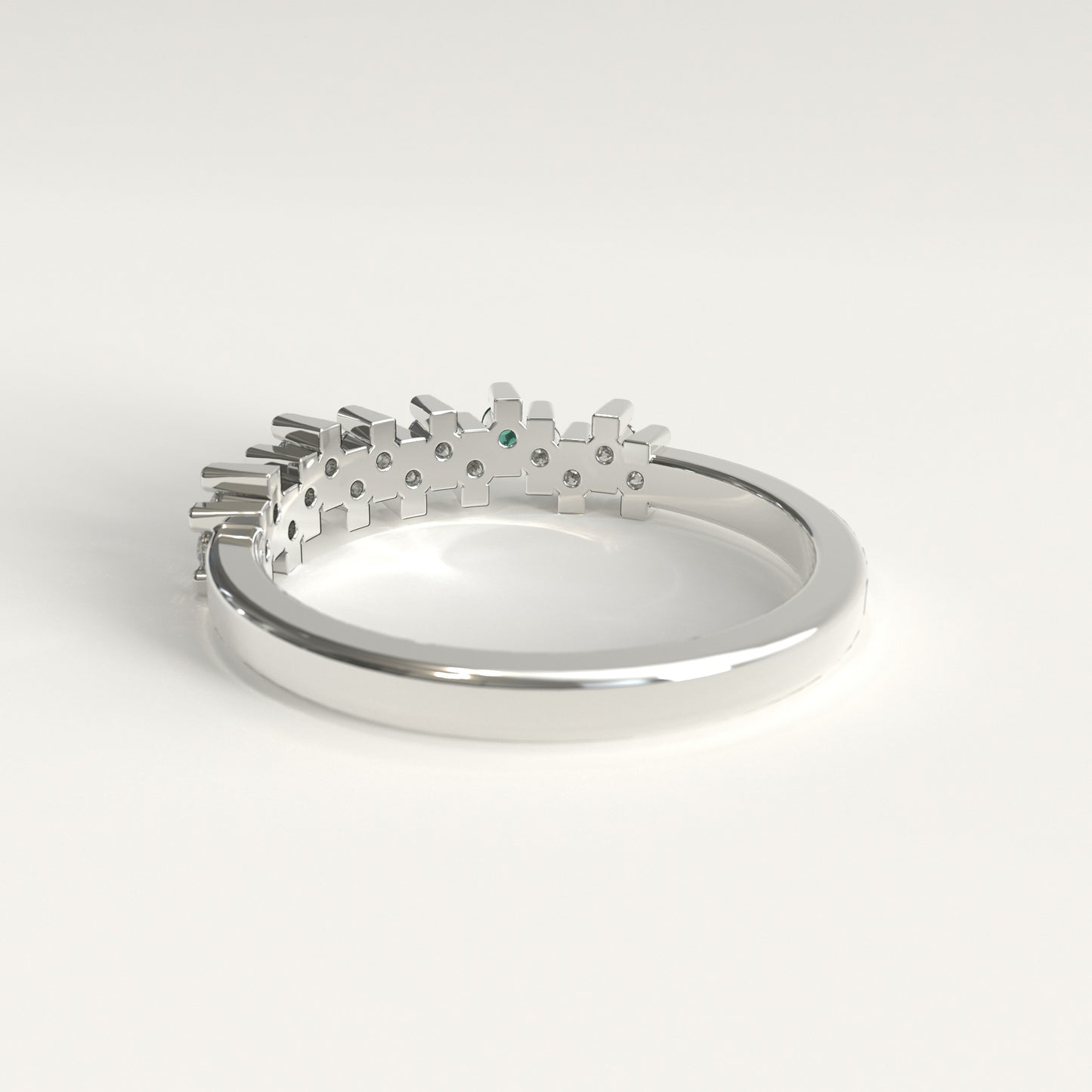 Rung Ring in 18k white gold — Colombian emerald and round diamond cluster band, 1Em Collection by GOHI back