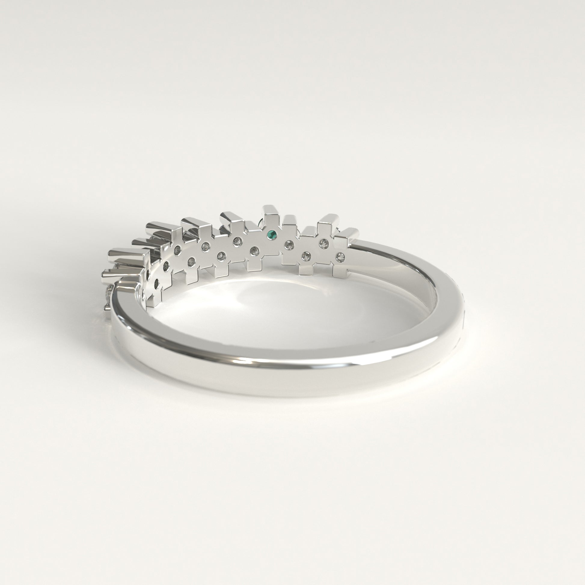 Rung Ring in 18k white gold — Colombian emerald and round diamond cluster band, 1Em Collection by GOHI back