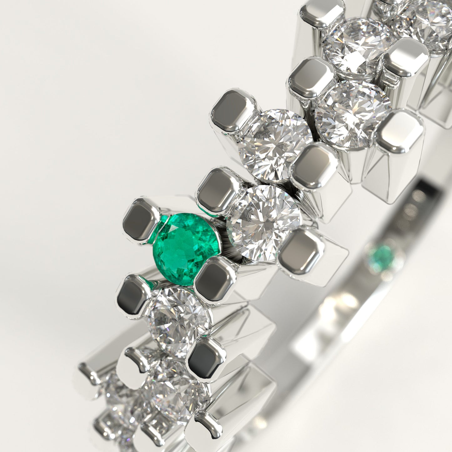 Rung Ring in 18k white gold — Colombian emerald and round diamond cluster band, 1Em Collection by GOHI zoom