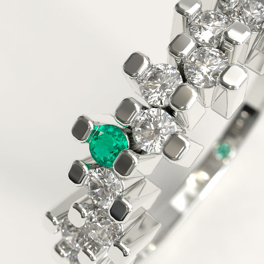 Rung Ring in 18k white gold — Colombian emerald and round diamond cluster band, 1Em Collection by GOHI zoom