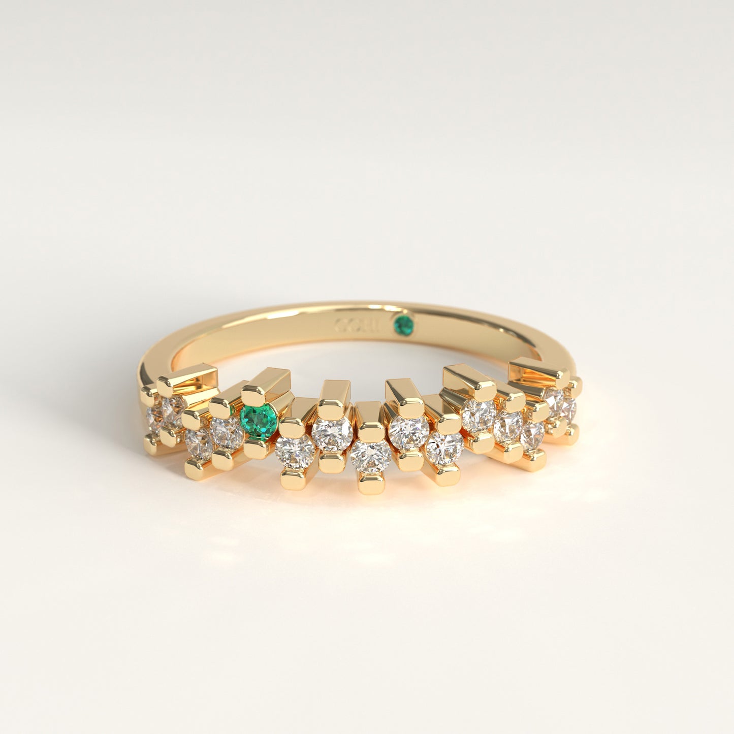 Rung Ring in 18k yellow gold — Colombian emerald and round diamond cluster band, 1Em Collection by GOHI