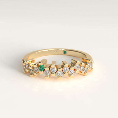 Rung Ring in 18k yellow gold — Colombian emerald and round diamond cluster band, 1Em Collection by GOHI