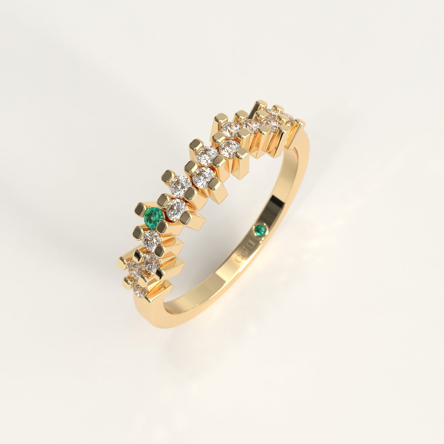 Rung Ring in 18k yellow gold — Colombian emerald and round diamond cluster band, 1Em Collection by GOHI Stand