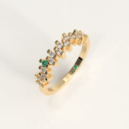 Rung Ring in 18k yellow gold — Colombian emerald and round diamond cluster band, 1Em Collection by GOHI Stand