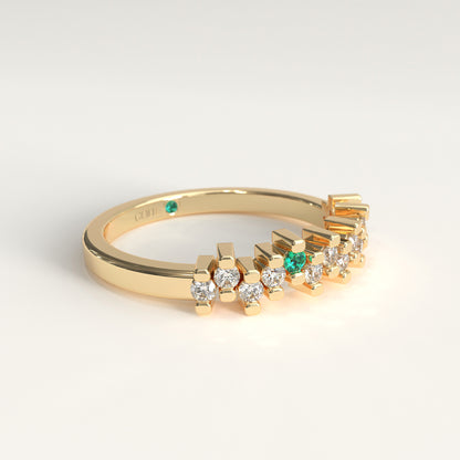 Rung Ring in 18k yellow gold — Colombian emerald and round diamond cluster band, 1Em Collection by GOHI Lateral
