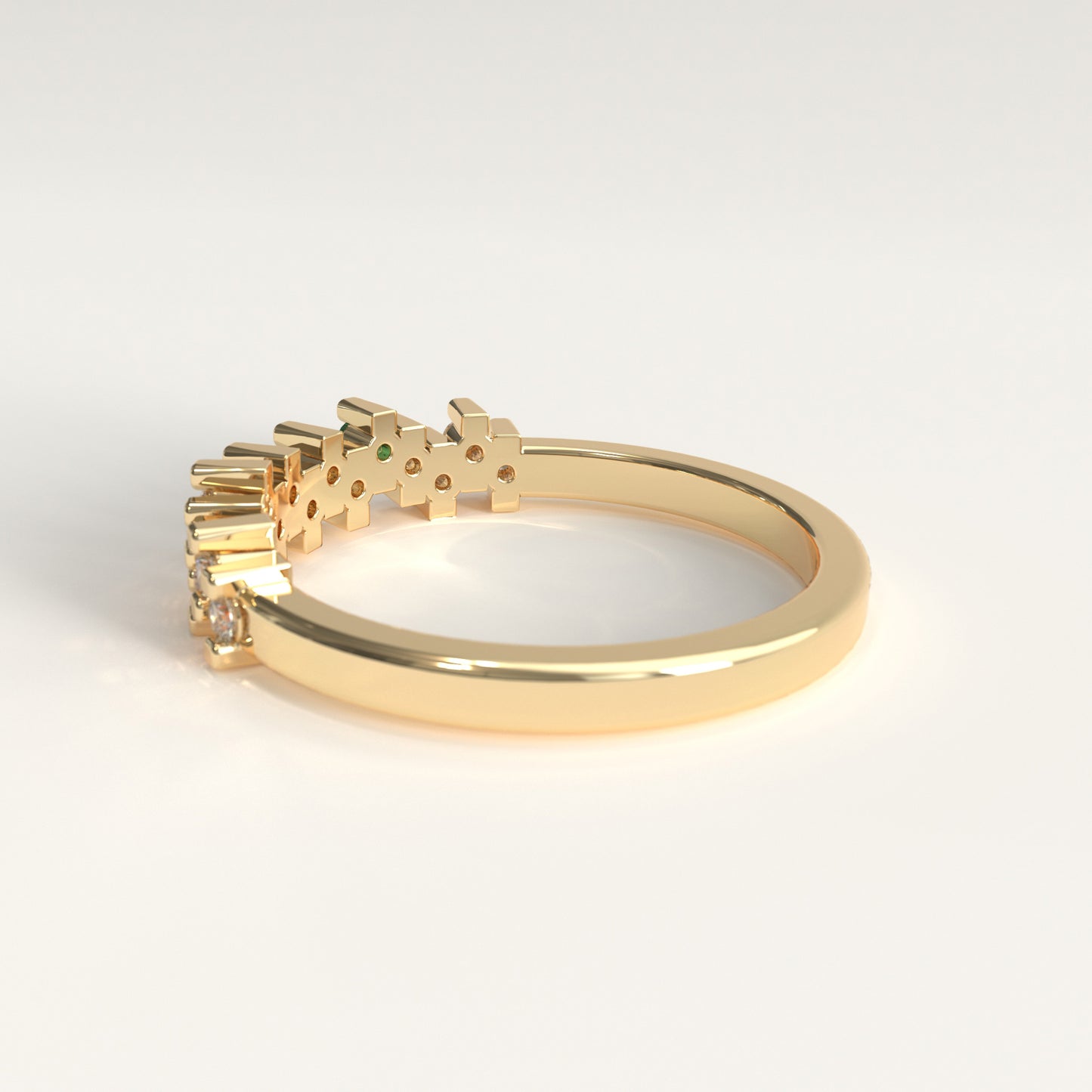 Rung Ring in 18k yellow gold — Colombian emerald and round diamond cluster band, 1Em Collection by GOHI back