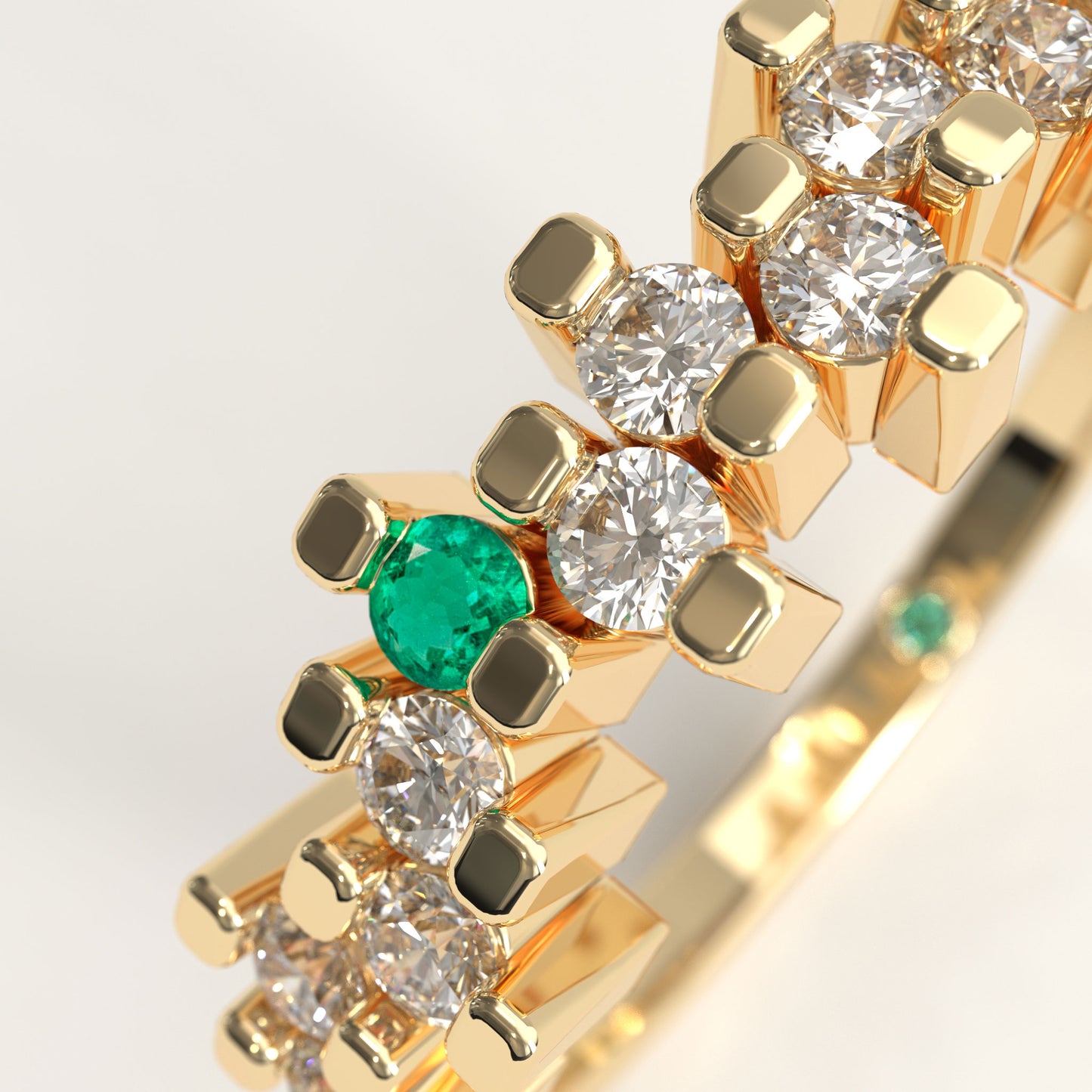Rung Ring in 18k yellow gold — Colombian emerald and round diamond cluster band, 1Em Collection by GOHI zoom
