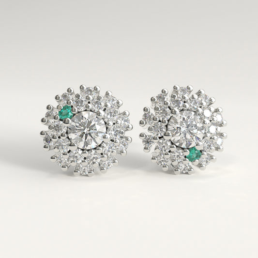 Stratum Earrings in 18k white gold — Colombian emerald and double halo round diamond cluster stud earrings, 1Em Collection by GOHI