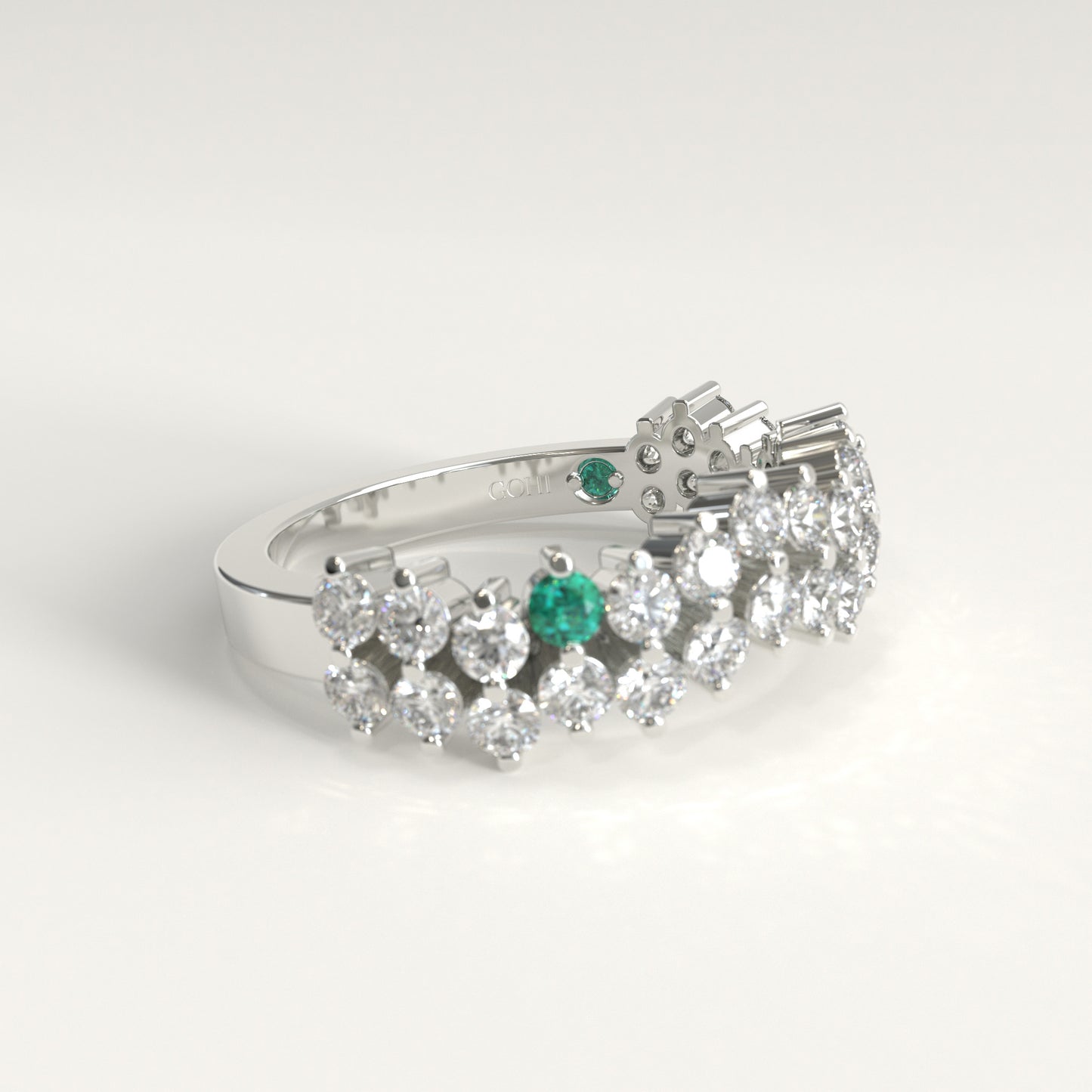 Stratum Ring in 18k white gold — Colombian emerald and double row round diamond band, 1Em Collection by GOHI lateral