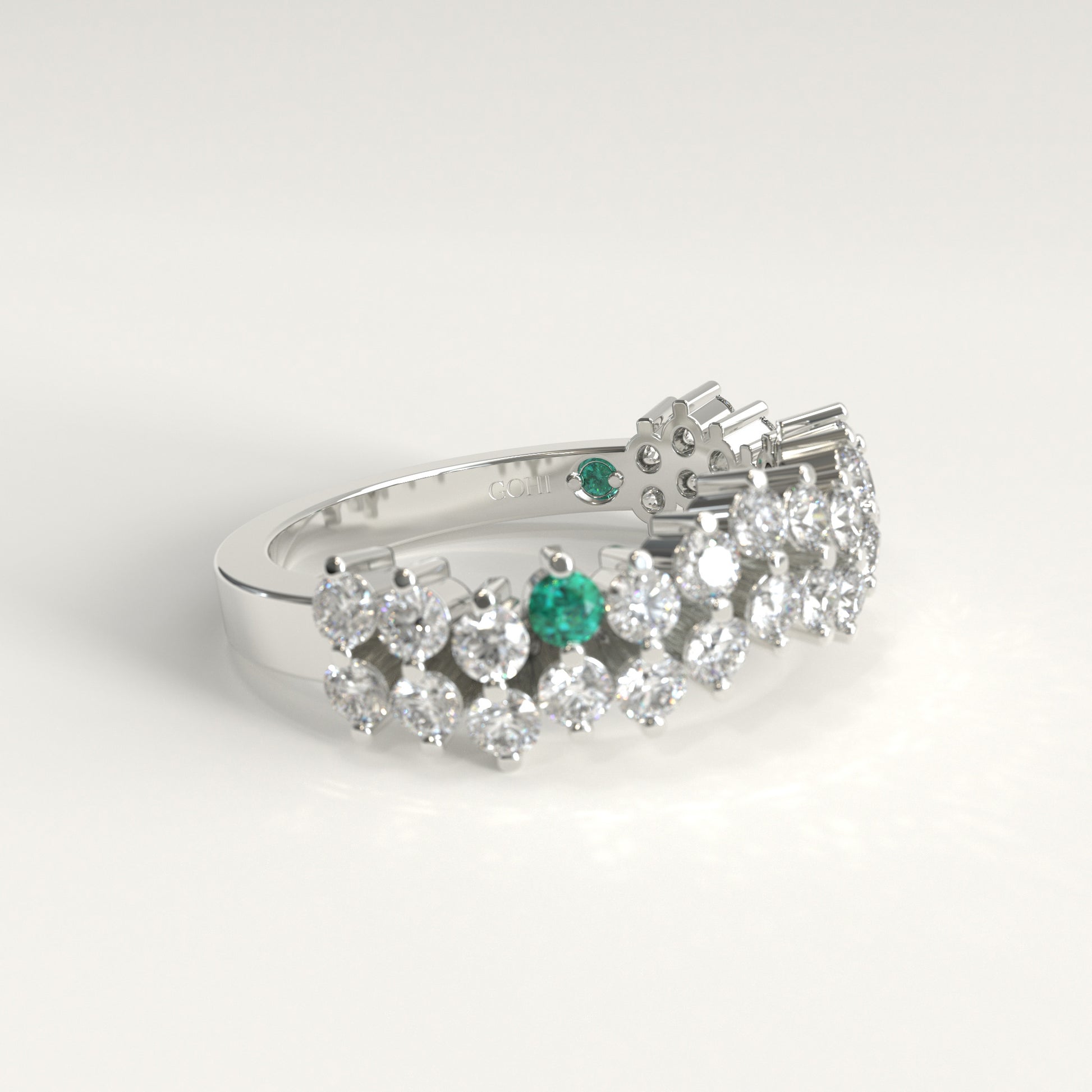 Stratum Ring in 18k white gold — Colombian emerald and double row round diamond band, 1Em Collection by GOHI lateral