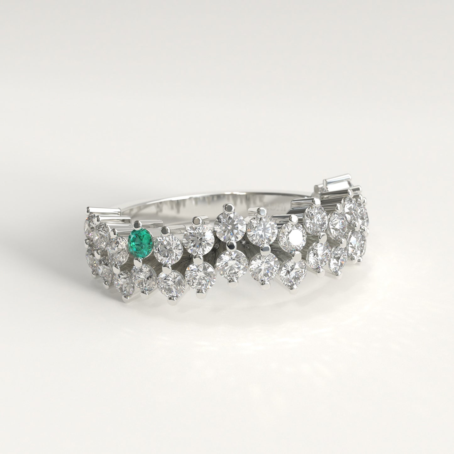Stratum Ring in 18k white gold — Colombian emerald and double row round diamond band, 1Em Collection by GOHI