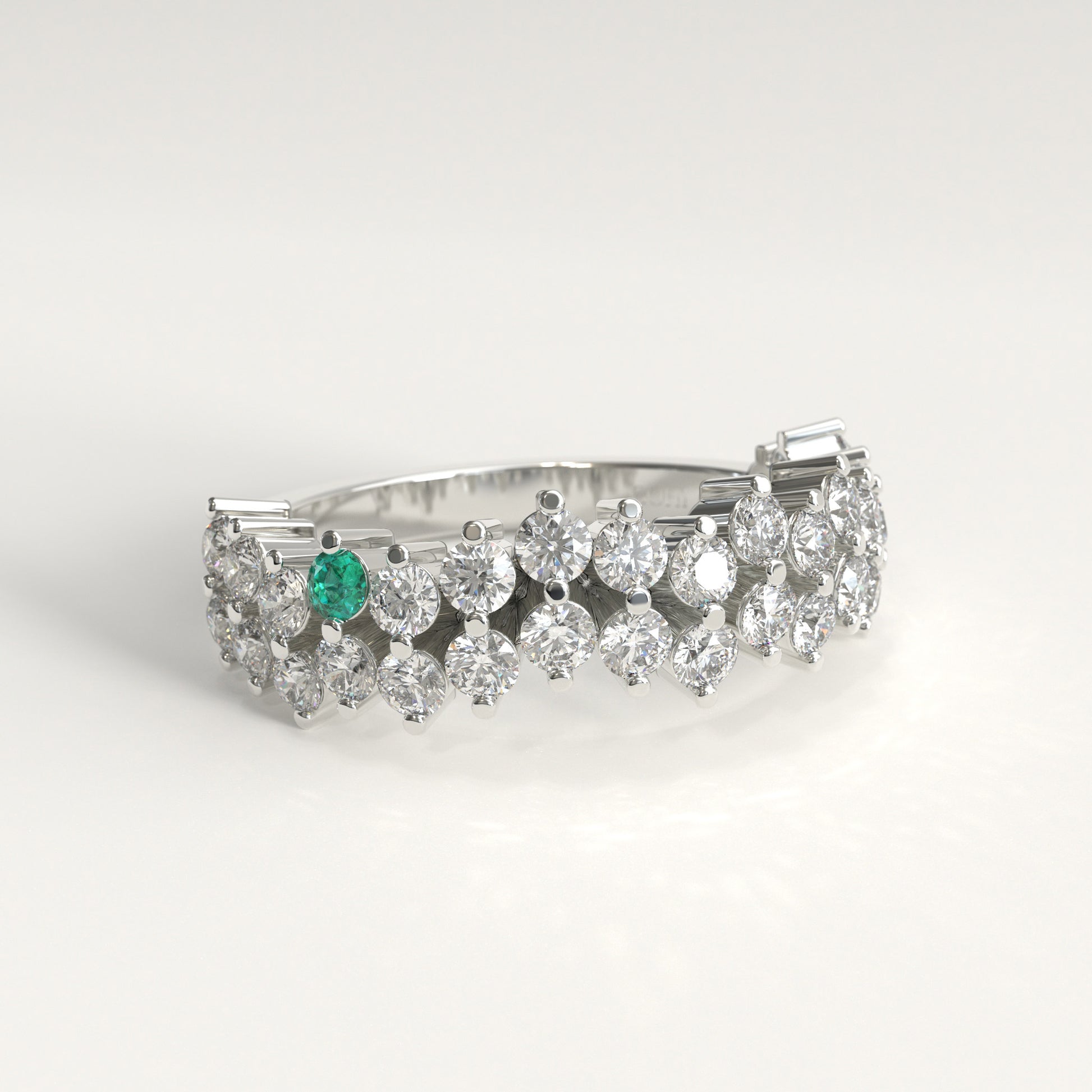 Stratum Ring in 18k white gold — Colombian emerald and double row round diamond band, 1Em Collection by GOHI