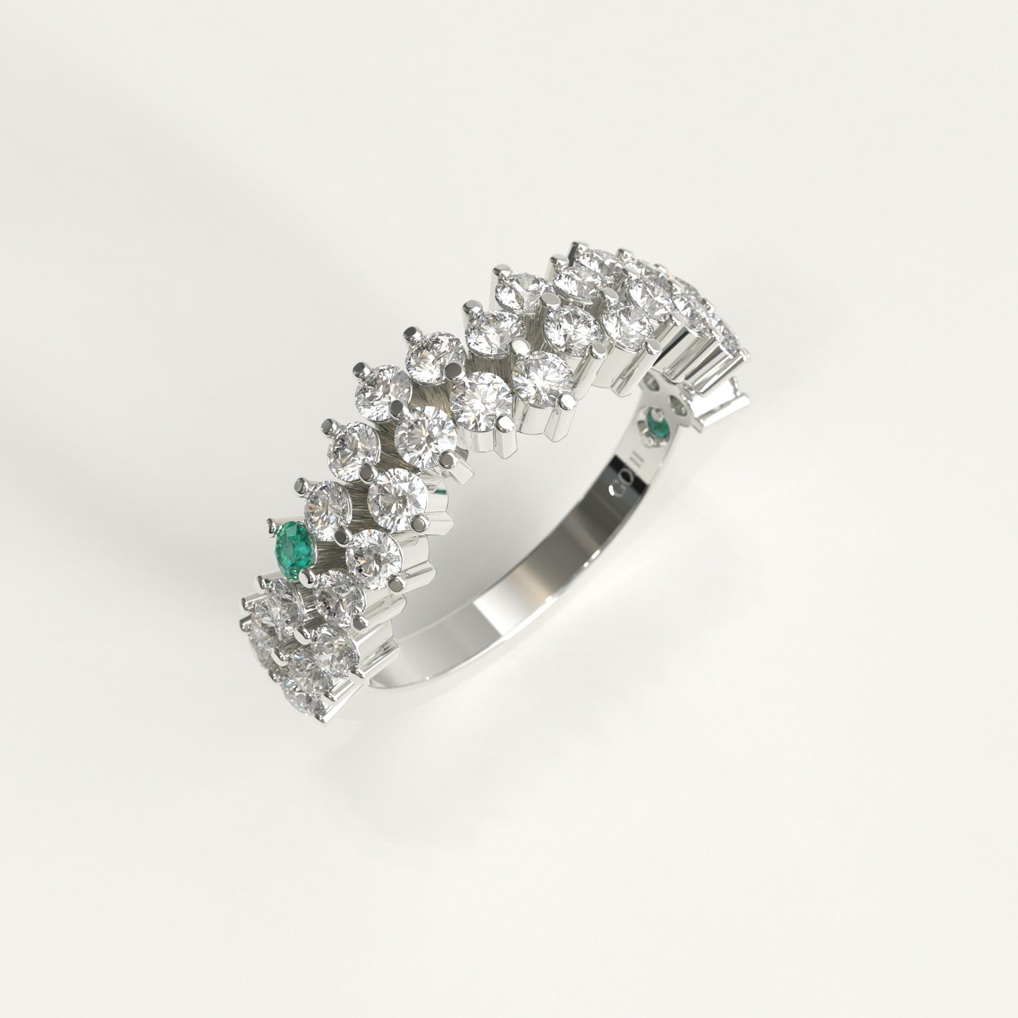 Stratum Ring in 18k white gold — Colombian emerald and double row round diamond band, 1Em Collection by GOHI stand