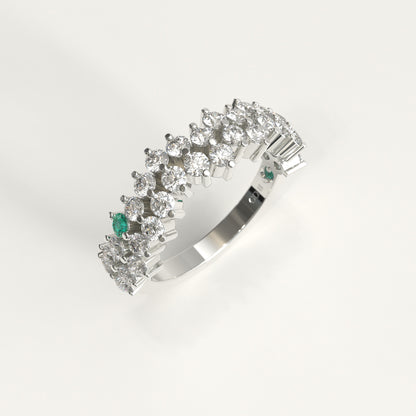 Stratum Ring in 18k white gold — Colombian emerald and double row round diamond band, 1Em Collection by GOHI stand