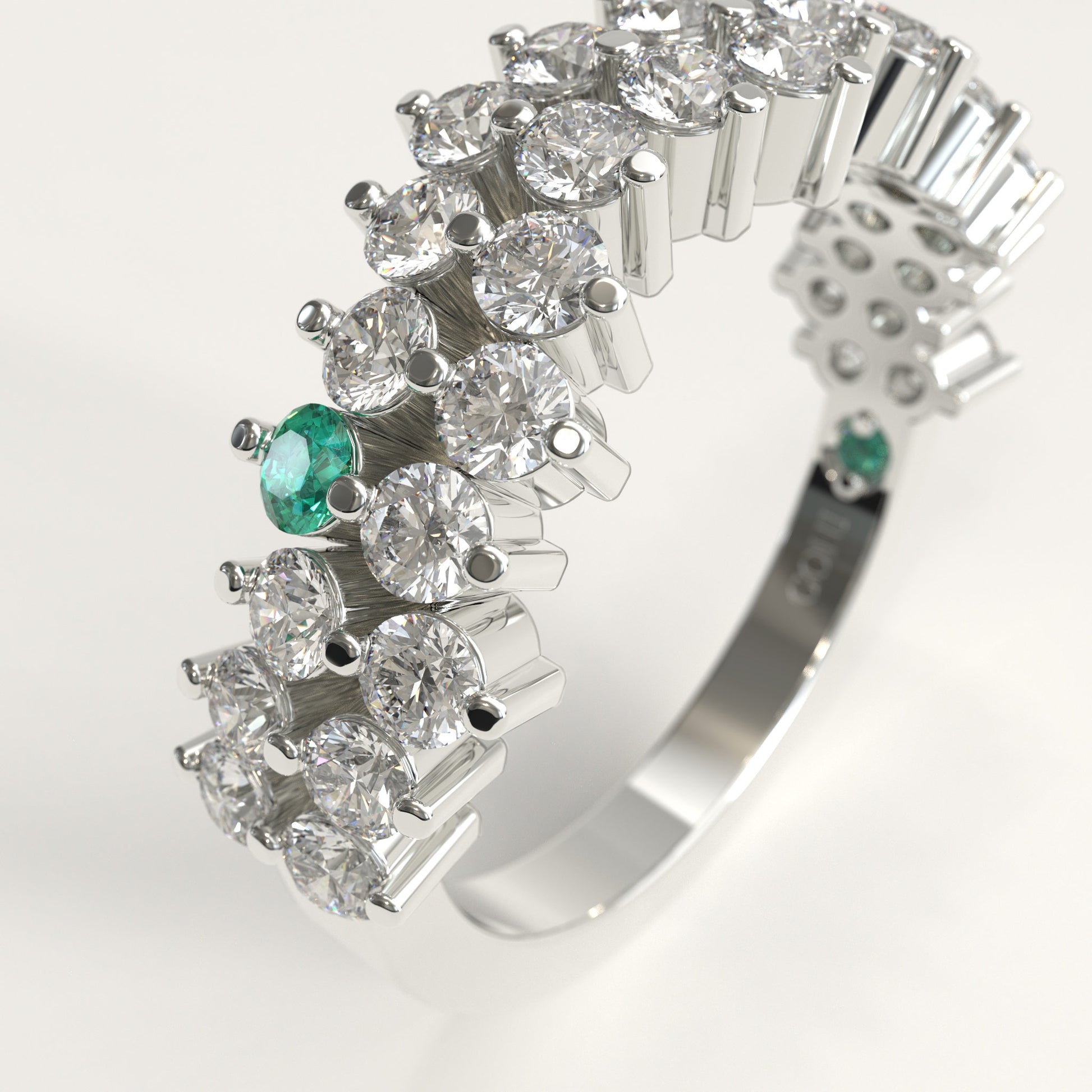 Stratum Ring in 18k white gold — Colombian emerald and double row round diamond band, 1Em Collection by GOHI zoom