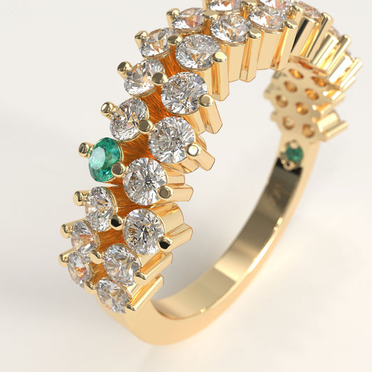 Stratum Ring in 18k yellow gold — Colombian emerald and double row round diamond band, 1Em Collection by GOHI zoom