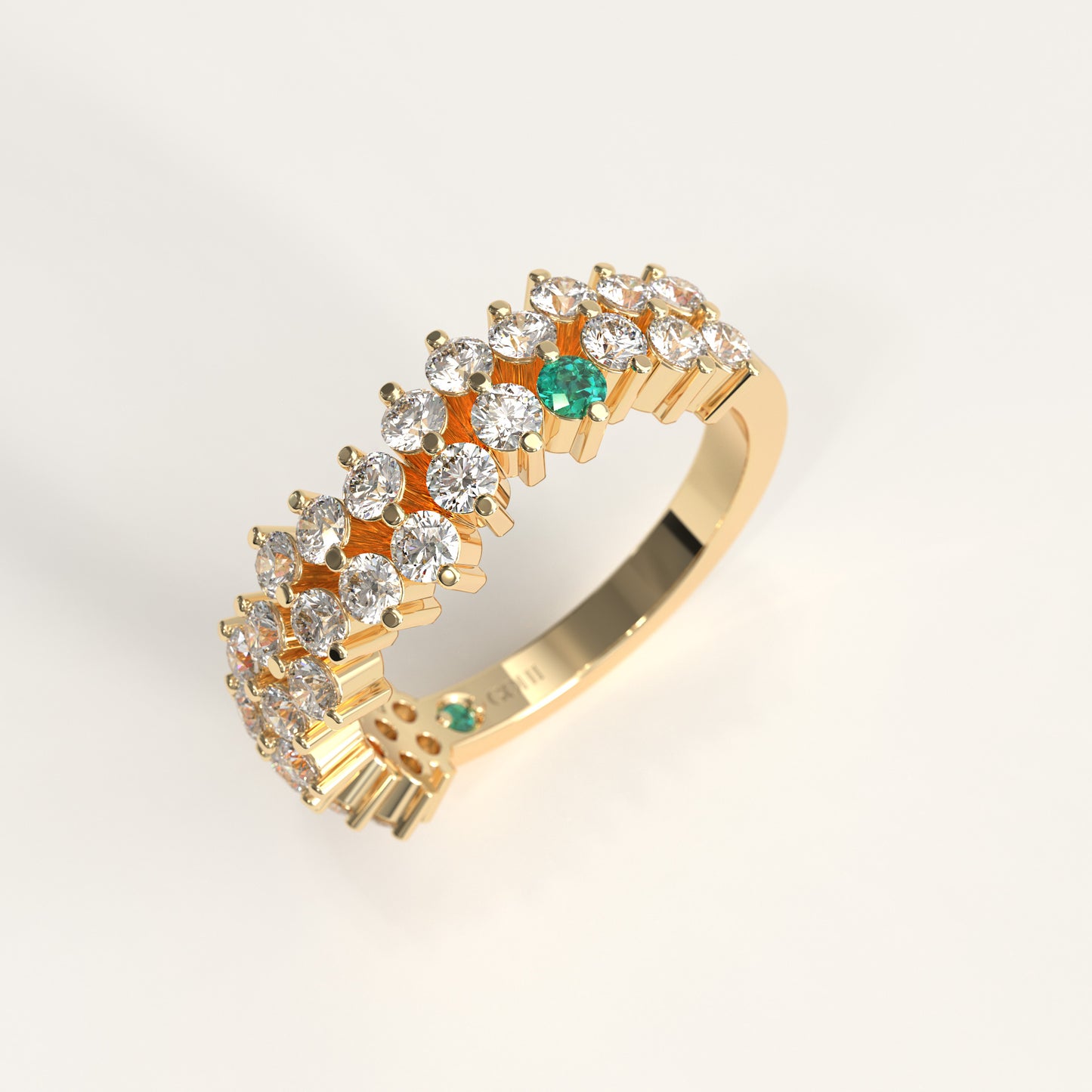 Stratum Ring in 18k yellow gold — Colombian emerald and double row round diamond band, 1Em Collection by GOHI stand