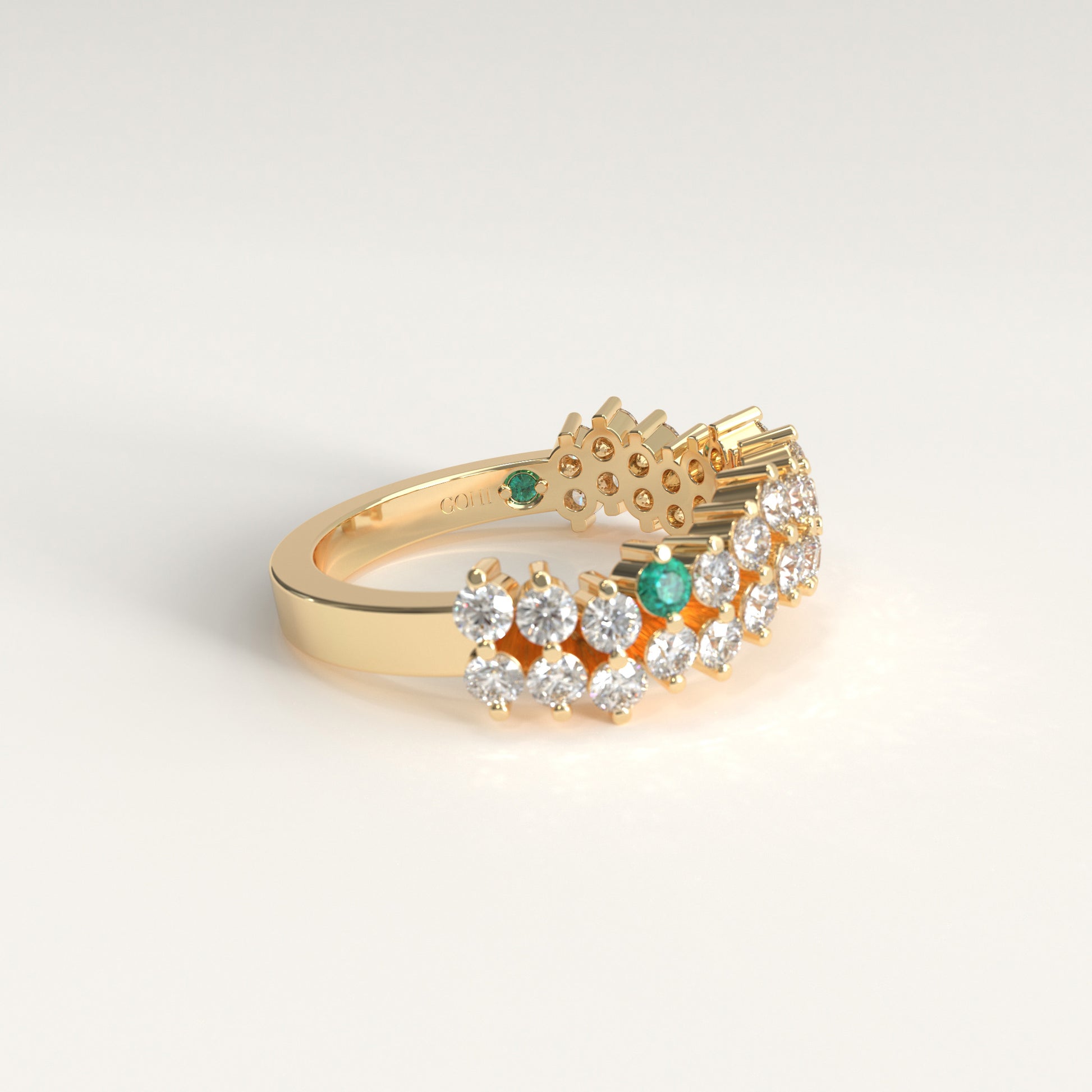Stratum Ring in 18k yellow gold — Colombian emerald and double row round diamond band, 1Em Collection by GOHI lateral