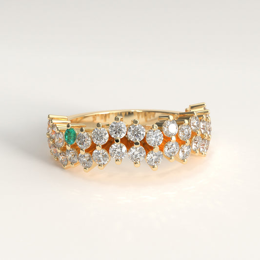Stratum Ring in 18k yellow gold — Colombian emerald and double row round diamond band, 1Em Collection by GOHI